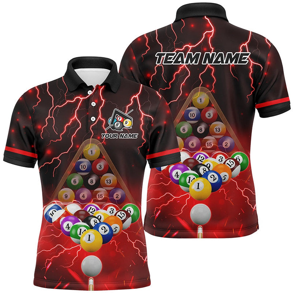Thunder Lightning Storm Custom 3D Billiard Shirts, Billiard Balls Team Polo Red, Billiard Team Polo Shirts
