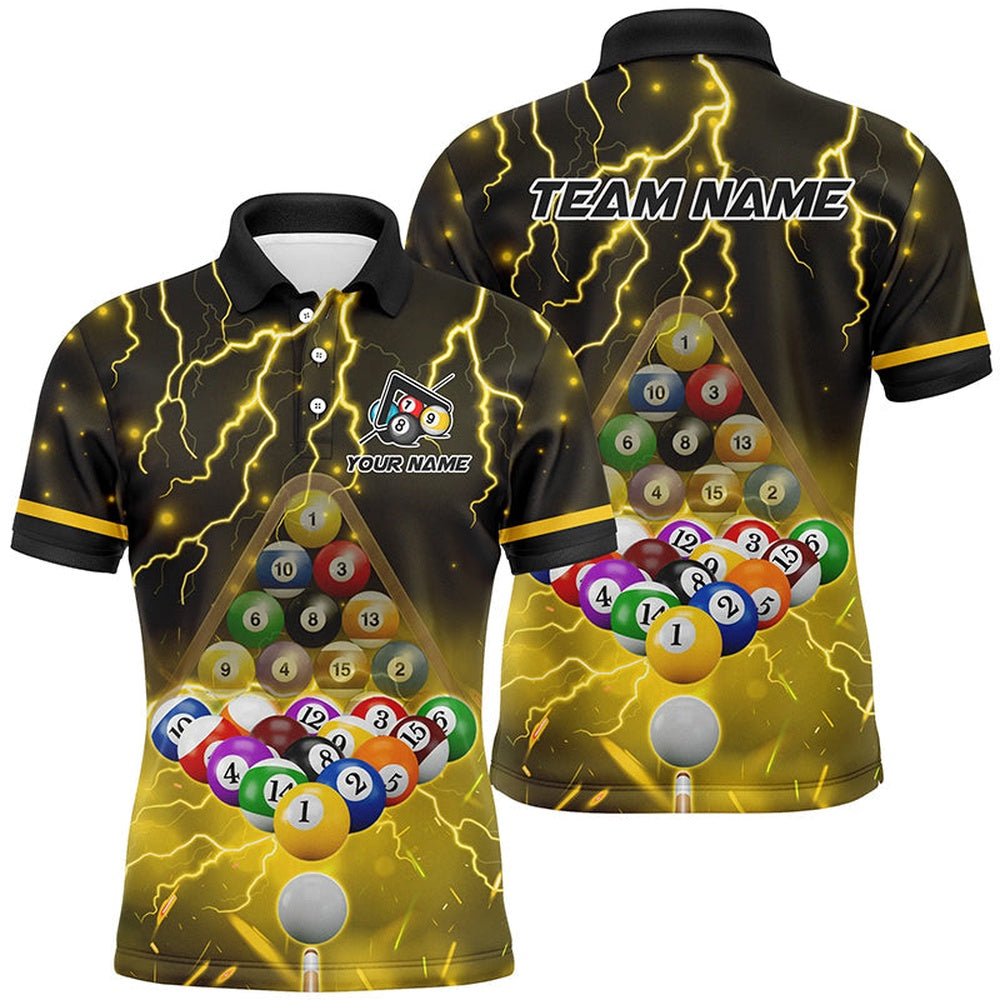 Thunder Lightning Storm Custom 3D Billiard Shirts, Billiard Balls Team Polo Yellow, Billiard Team Polo Shirts