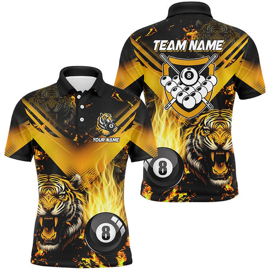 Tiger 3D All Over Print Billiard Shirts Custom 8 Ball Team League Billiard Polo Yellow, Billiard Team Polo Shirts
