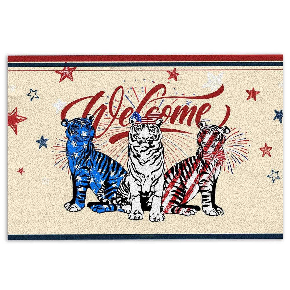 Tiger Welcome Doormat, Tiger Patriotic American Firework 4Th of July Independence Day Welcome Doormat, Pets Home Decor Door Mat