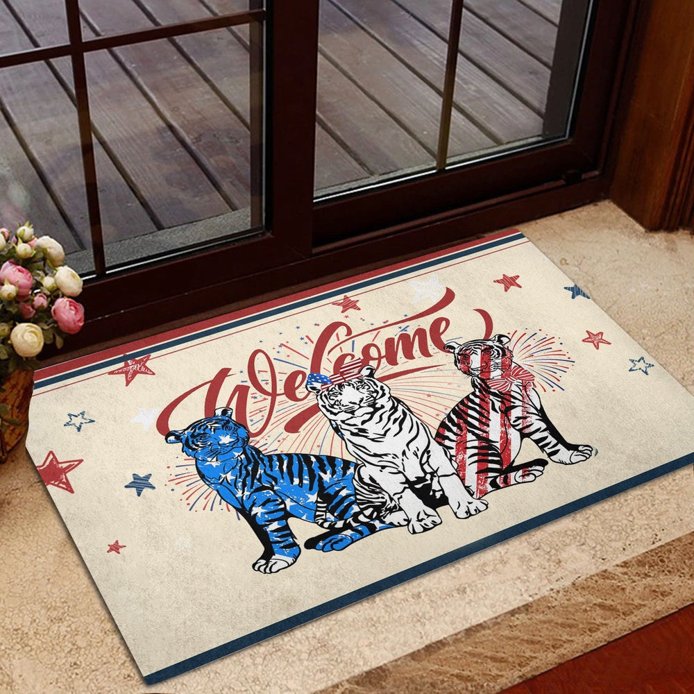 Tiger Welcome Doormat, Tiger Patriotic American Firework 4Th of July Independence Day Welcome Doormat, Pets Home Decor Door Mat