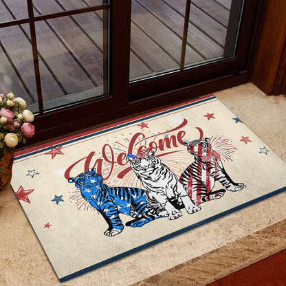 Tiger Welcome Doormat, Tiger Patriotic American Firework 4Th of July Independence Day Welcome Doormat, Pets Home Decor Door Mat