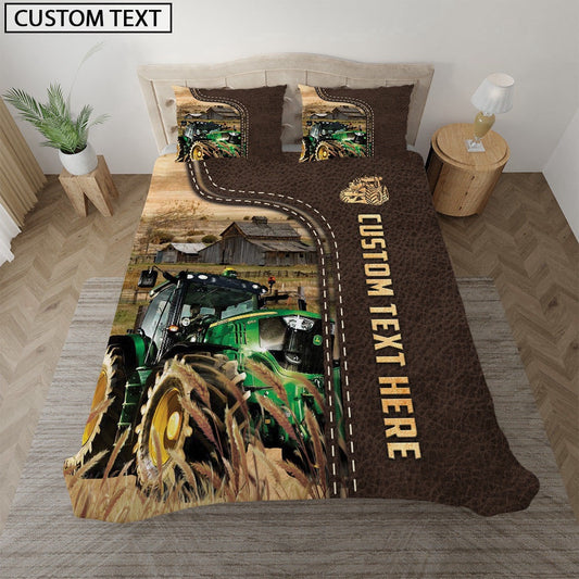 Tractor Custom Text Leather Pattern Bedding Set, Farm Bedding Set, Farmhouse Bedding Set