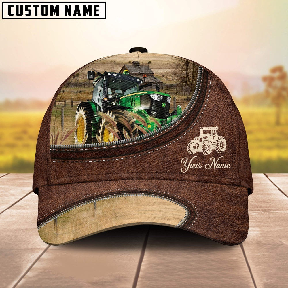 Tractor On The Farm Customized Name Leather Pattern Cap, Farmer Cap, Cap For Farmers, Best Farm Hat, Farm Use Hat