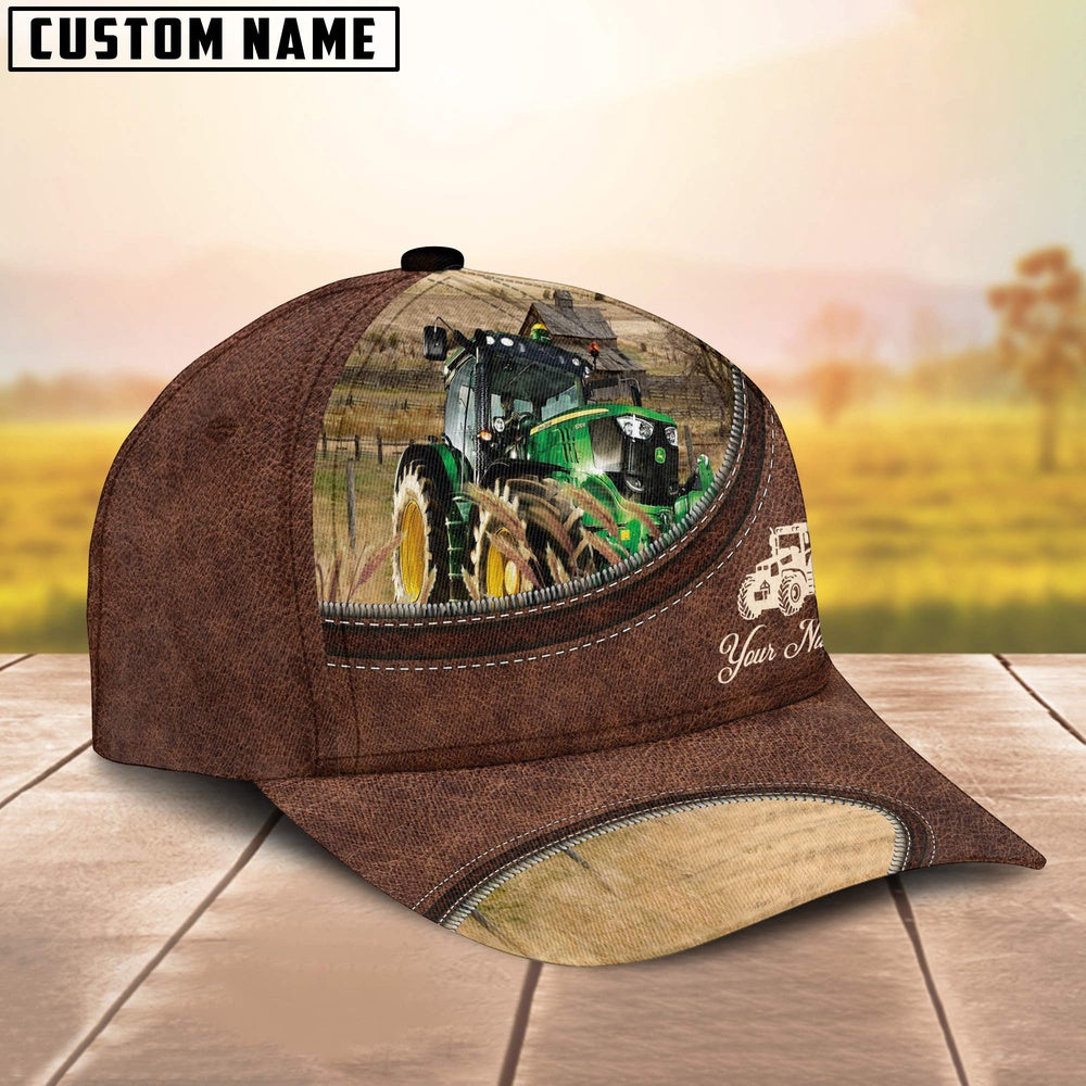 Tractor On The Farm Customized Name Leather Pattern Cap, Farmer Cap, Cap For Farmers, Best Farm Hat, Farm Use Hat