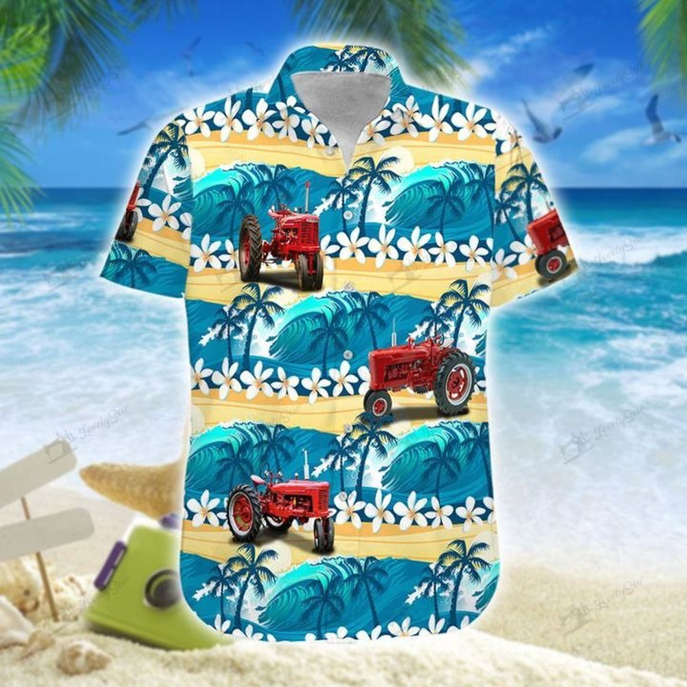 Tractor On the Beach White Flower Hawaiian Shirt, Farm Hawaiian Shirt, Farmer Hawaii