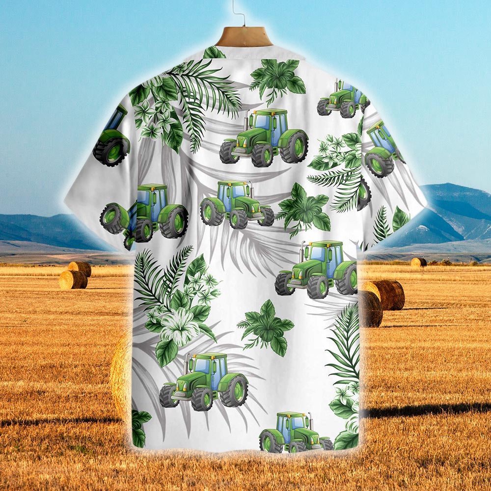 Tractors Green Hibiscus All Over Printed Hawaiian Shirt, Farm Hawaiian Shirt, Farmer Hawaii