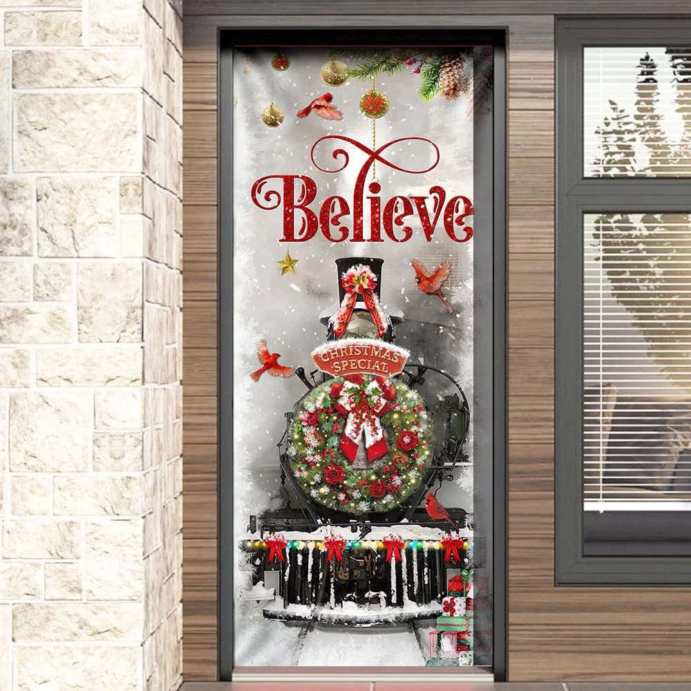 Train Christmas Believe Door Cover, Christmas Outdoor Decoration For Christmas, Christmas Gift Decor