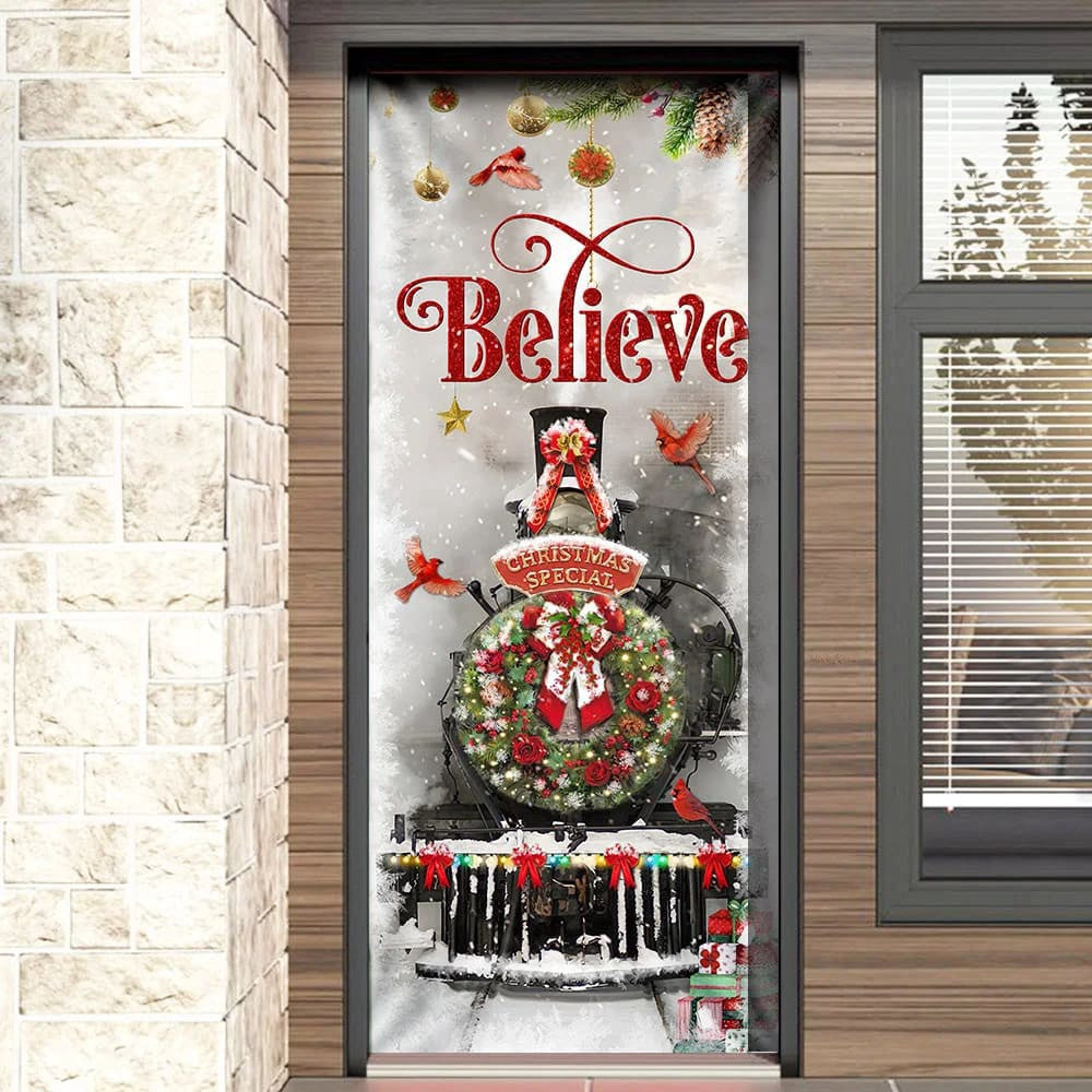 Train Christmas Believe Door Cover, Unique Gifts Doorcover, Christmas Gift Decor For Friends, Christmas Gift Decor