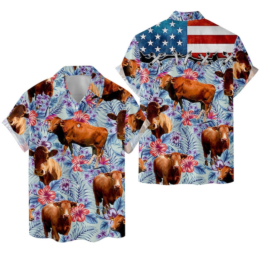 Tropical Red Angus Hawaiian Shirts, Farm Hawaiian Shirt, Farmer Hawaii