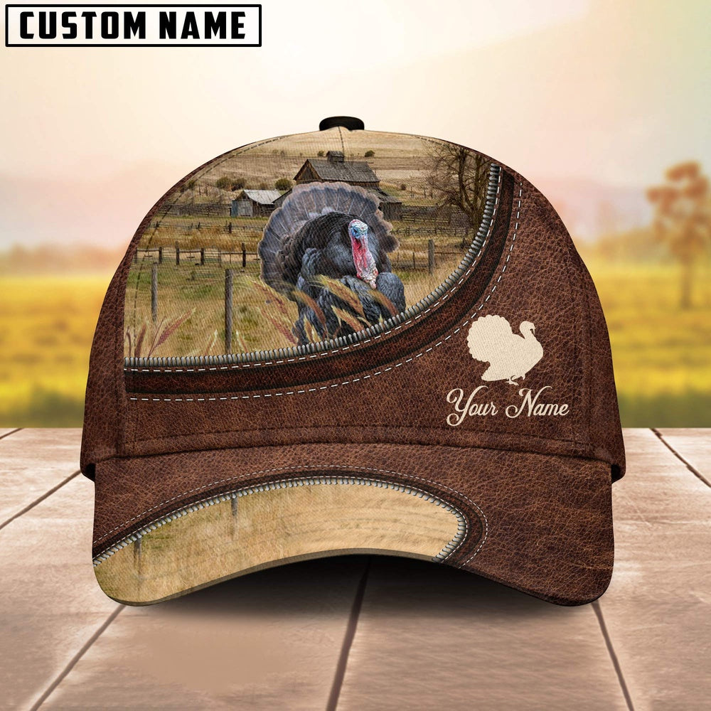 Turkey On The Farm Customized Name Leather Pattern Cap, Farmer Cap, Cap For Farmers, Best Farm Hat, Farm Use Hat