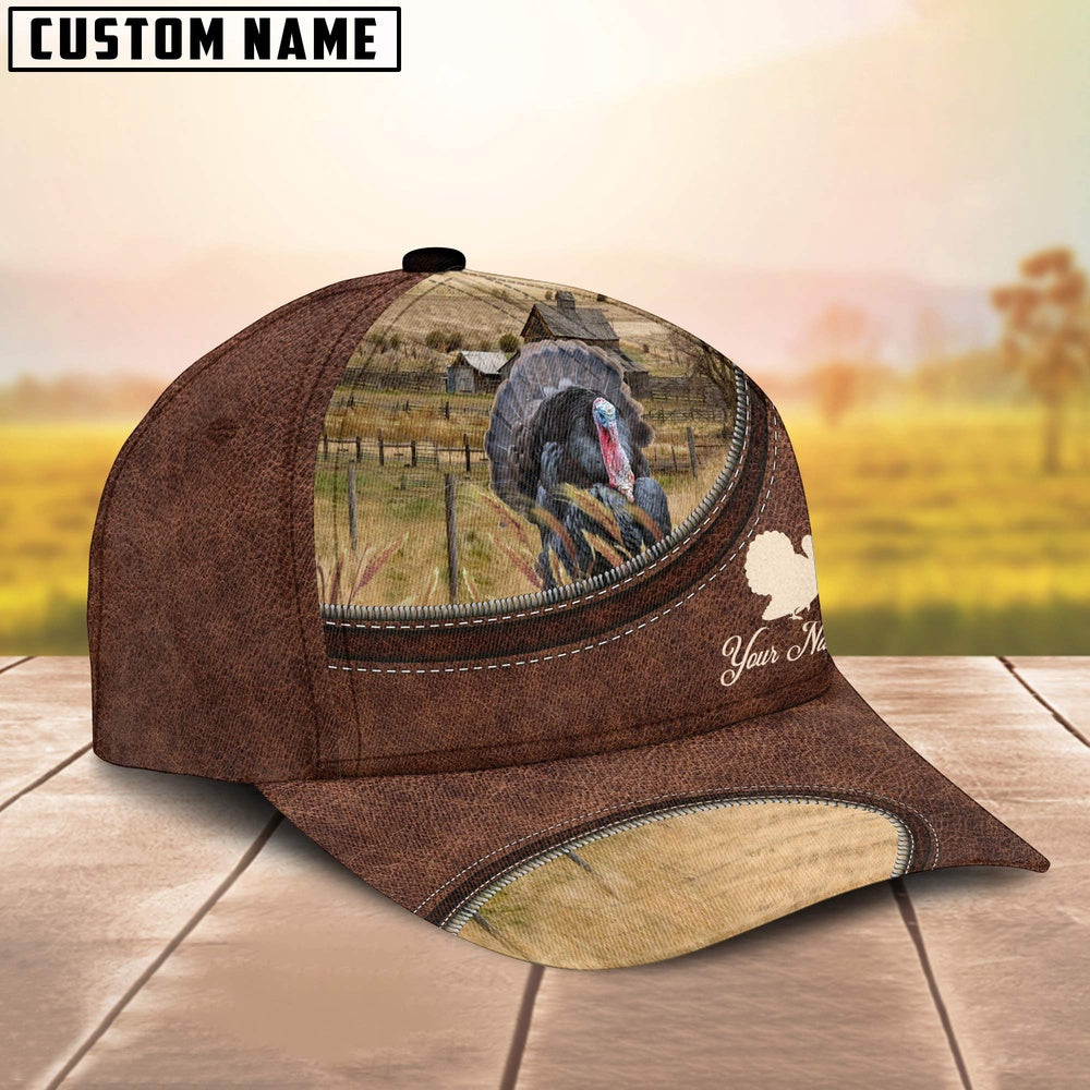 Turkey On The Farm Customized Name Leather Pattern Cap, Farmer Cap, Cap For Farmers, Best Farm Hat, Farm Use Hat