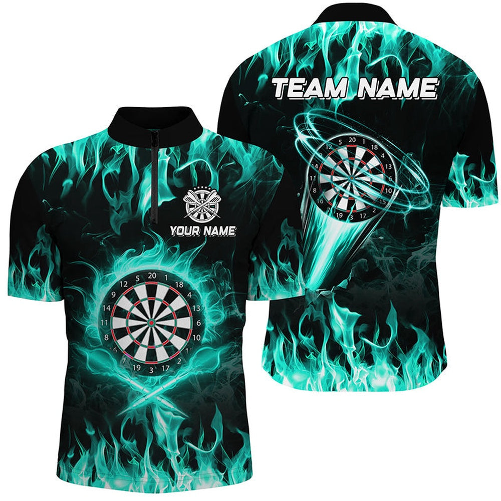 Turquoise 3D Printed Fire Flame Darts Shirts For Men Custom Lightning Darts League Team Jersey, Darts Team Jersey Shirt