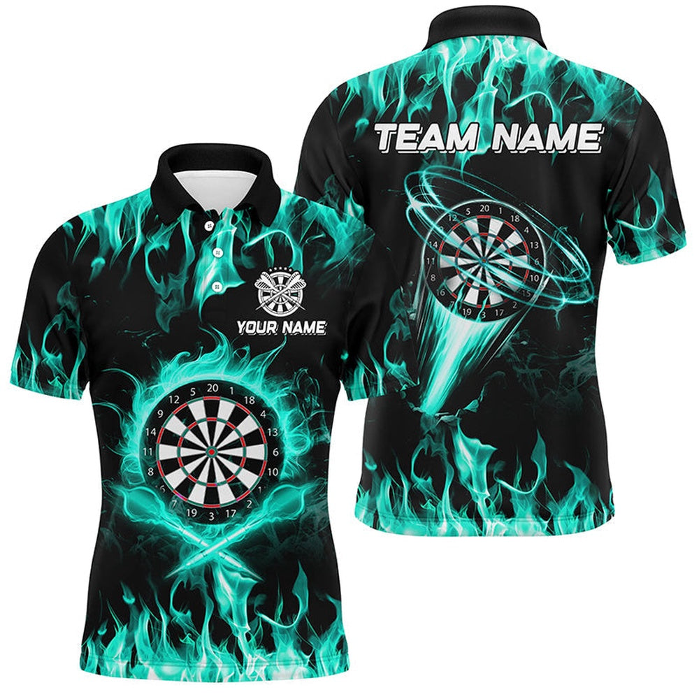 Turquoise 3D Printed Fire Flame Darts Shirts For Men Custom Lightning Darts League Team Polo, Darts Team Polo Shirt