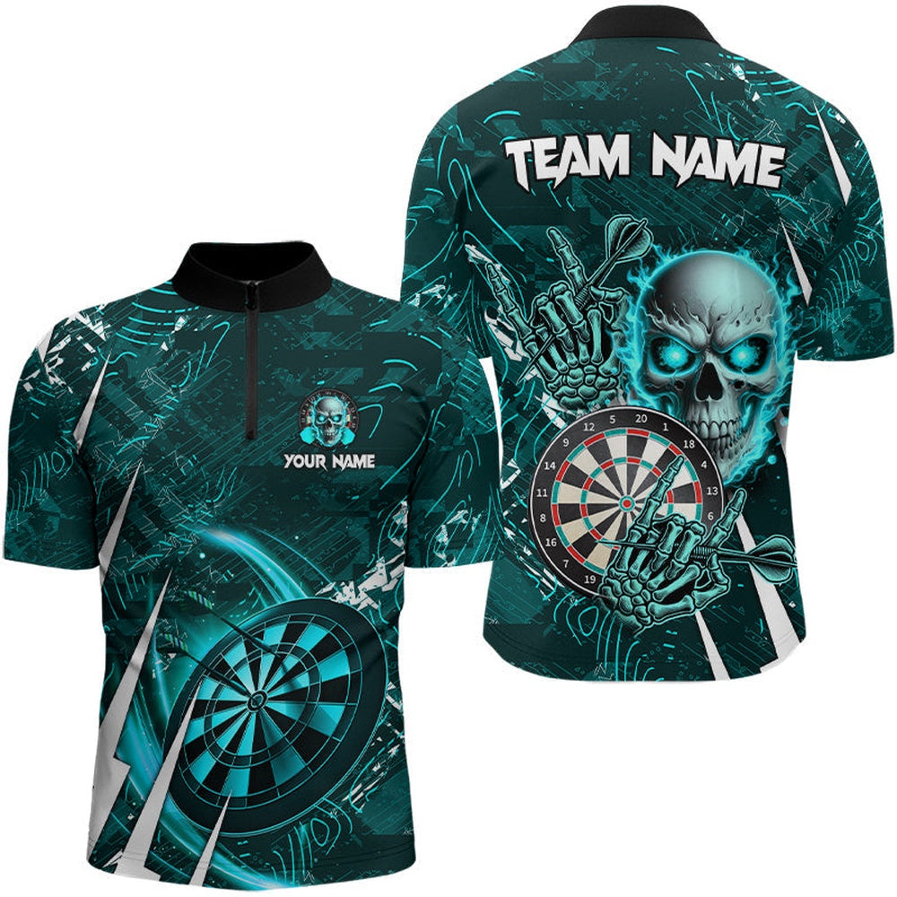 Turquoise 3D Skull Darts Jerseys Shirts For Men Custom Cool Darts League Team Jersey, Darts Team Jersey Shirt