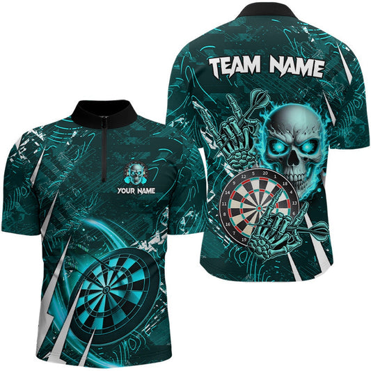 Turquoise 3D Skull Darts Jerseys Shirts For Men Custom Cool Darts League Team Jersey, Darts Team Jersey Shirt