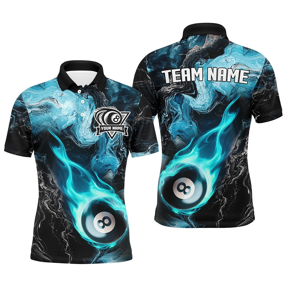 Turquoise 8 Ball Pool Fire Flame Abstract Pattern Custom Billiard Shirts, Billiard Team Polo, Billiard Team Polo Shirts