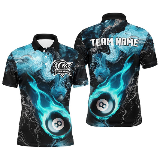 Turquoise 8 Ball Pool Fire Flame Abstract Pattern Custom Billiard Shirts, Billiard Team Polo, Billiard Team Polo Shirts