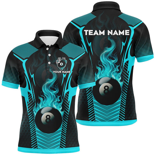 Turquoise 8 Ball Pool Fire Flame Custom 3D Billiard Shirts, Billiard Sport Team Polo, Billiard Team Polo Shirts