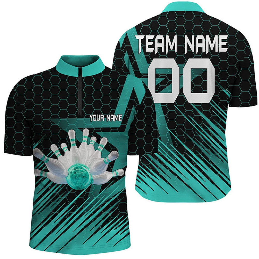 Turquoise Bowling Shirts For Men Custom Quarter Zip Bowling Jersey 3D Bowling Team Shirts For Men, Bowling Jersey Shirt
