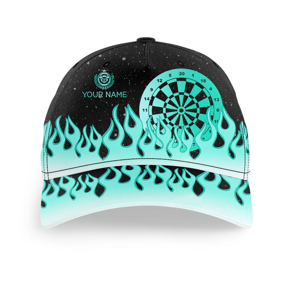 Turquoise Dartboard Fire Flame Darts Cap Custom 3D Baseball Darts Hats For Darts Player, Darts Team Cap Hats