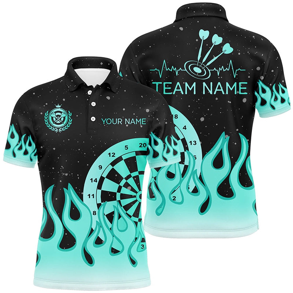 Turquoise Dartboard Fire Flame Men Darts Polo Shirt Custom Team Polo Darts Gifts, Darts Team Polo Shirt