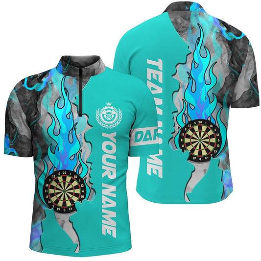 Turquoise Darts Board Fire Smoke Men Darts Jerseys Shirts Custom Unique Darts Jersey, Darts Team Jersey Shirt