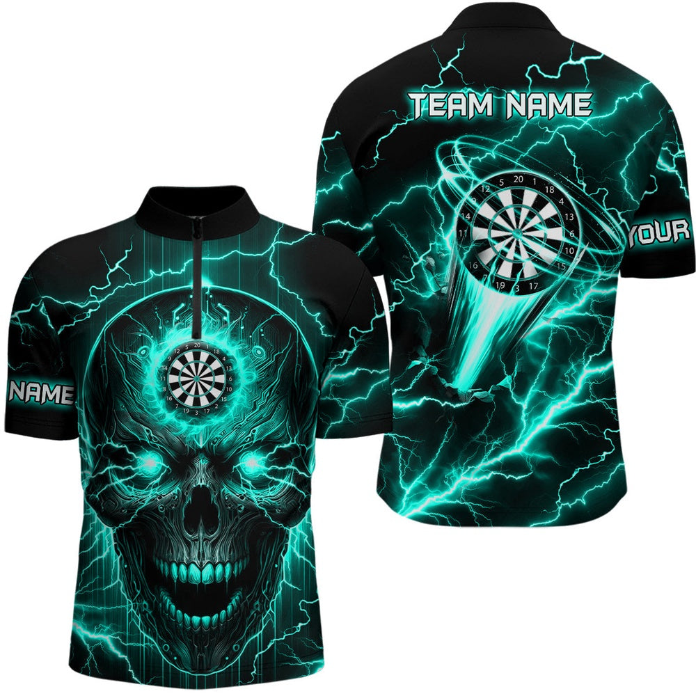 Turquoise Darts Skull Men Jersey, Jerseys Shirt Custom Lightning Thunder Team League Dart Jersey, Darts Team Jersey Shirt