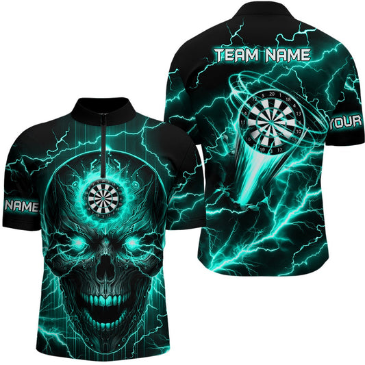 Turquoise Darts Skull Men Jersey, Jerseys Shirt Custom Lightning Thunder Team League Dart Jersey, Darts Team Jersey Shirt