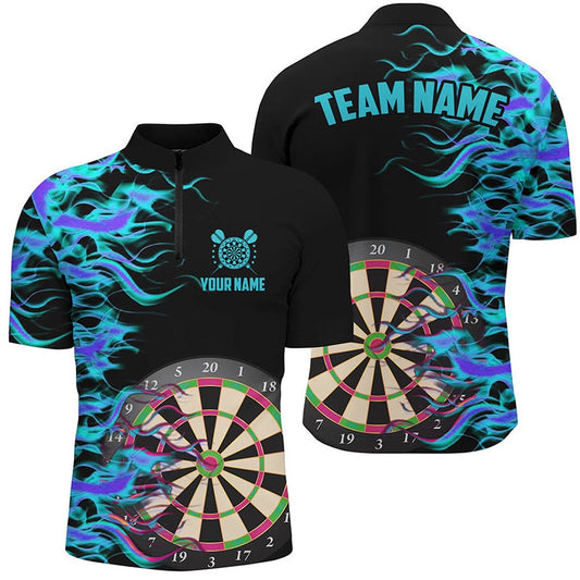 Turquoise Fire Flame Dart Board 3D Printed Men Darts Shirts Custom Team Name Darts Jerseys Unifor, Darts Team Jersey Shirt