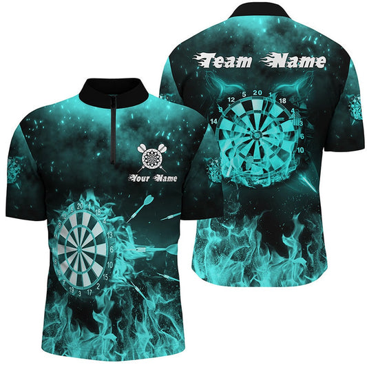 Turquoise Fire Flame Darts Jersey Shirts Custom Darts Shirt For Men Dart Jersey, Darts Team Jersey Shirt