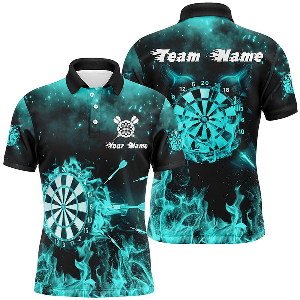 Turquoise Fire Flame Mens Darts Polo Shirts Custom Darts Shirt For Men Dart Polo, Darts Team Polo Shirt