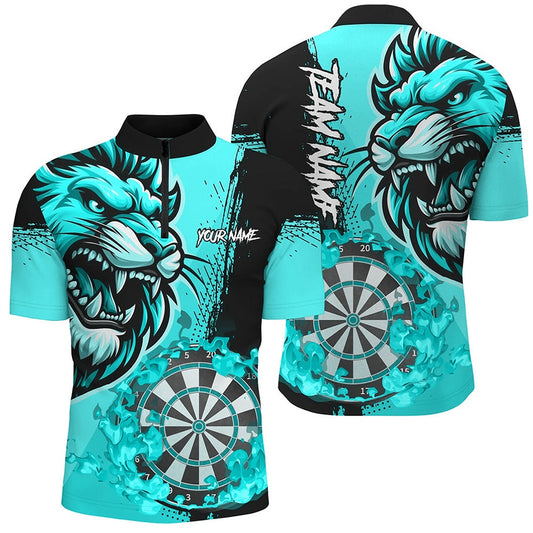 Turquoise Funny Darts Flame Lion Custom Jerseys, Personalized Men Dart Shirts Dart Jersey, Darts Team Jersey Shirt
