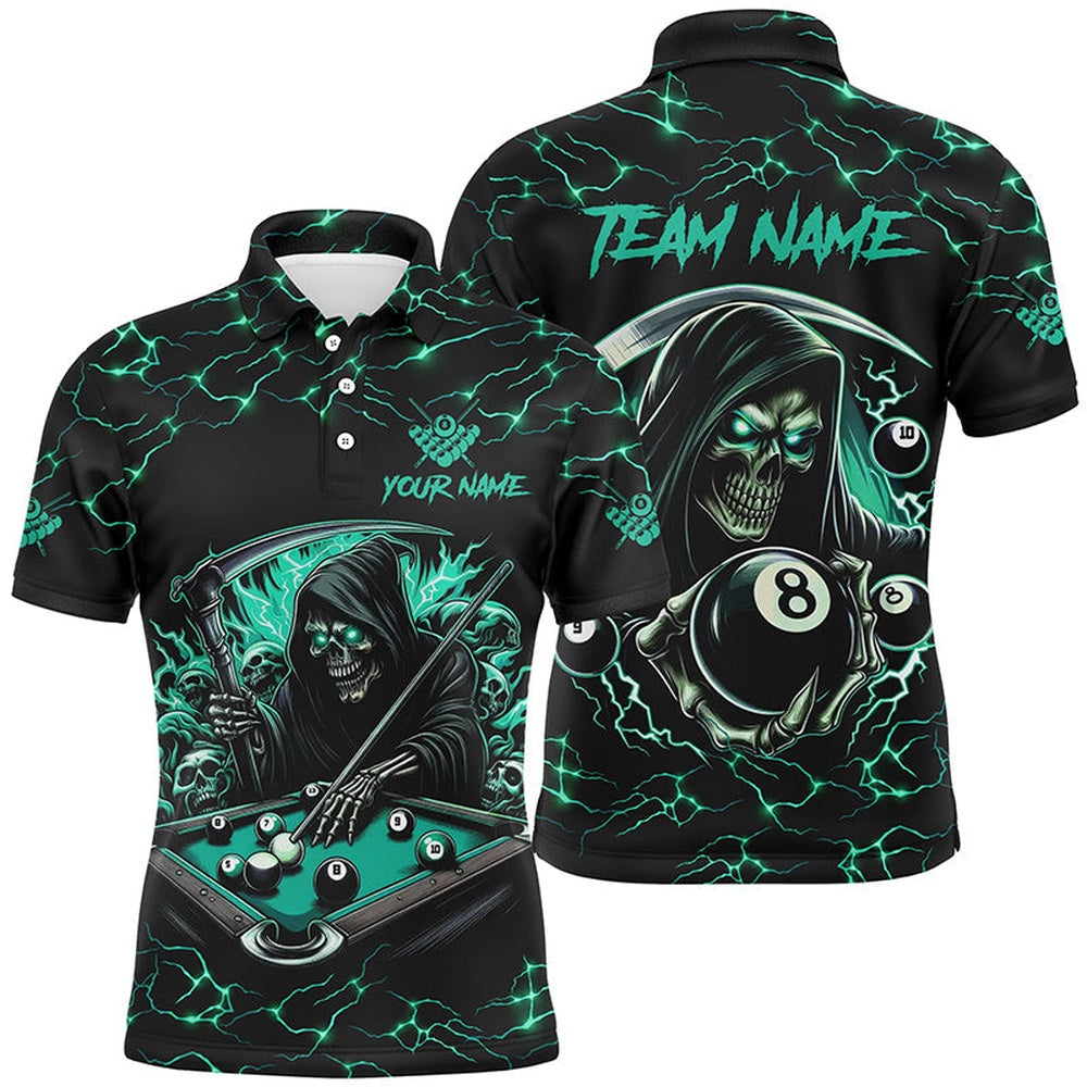 Turquoise Funny Death Skeleton 8 Ball Pool Billiard Shirts Custom Lightning Billiard Polo, Billiard Team Polo Shirts