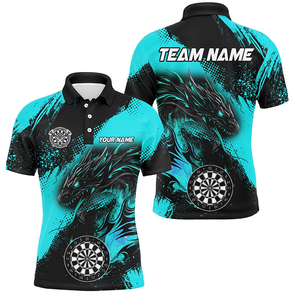 Turquoise Grunge Custom Dragon Darts Polo Shirt For Men, Darts League Polo Uniform, Darts Team Polo Shirt