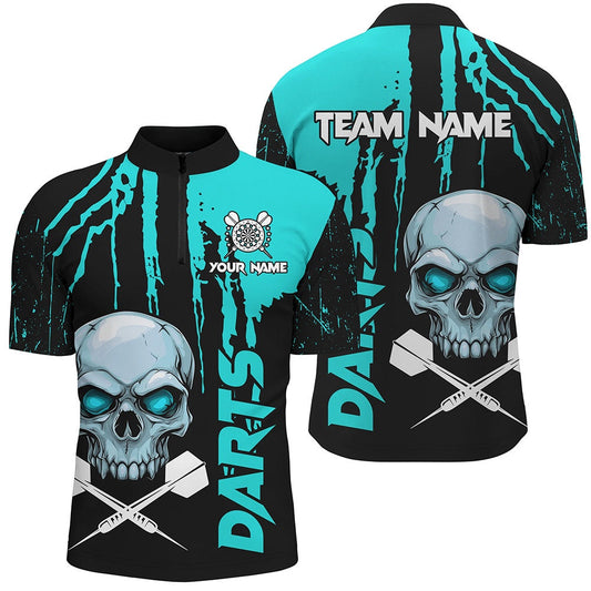 Turquoise Grunge Custom Skull Dart Shirts For Men, Scary Darts Jerseys, Darts League Team Shirt, Darts Team Jersey Shirt