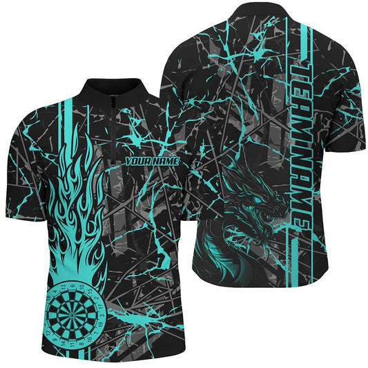Turquoise Grunge Dart Jerseys For Men, Fire Flame Dart Board Custom Name Dragon Darts League Shirt, Darts Team Jersey Shirt