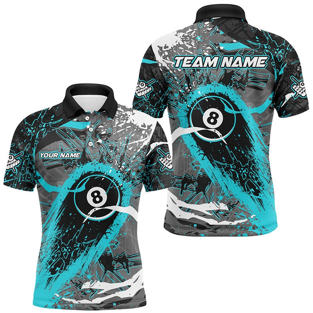 Turquoise Grunge Stains 8 Ball Pool Custom Billiard Shirts, Unique Billiard Polo Apparel, Billiard Team Polo Shirts