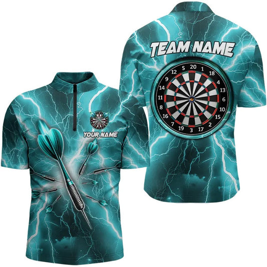 Turquoise Thunder Lightning 3D Men Darts Jerseys Custom Dart Shirt For Men Dart Jersey, Darts Team Jersey Shirt