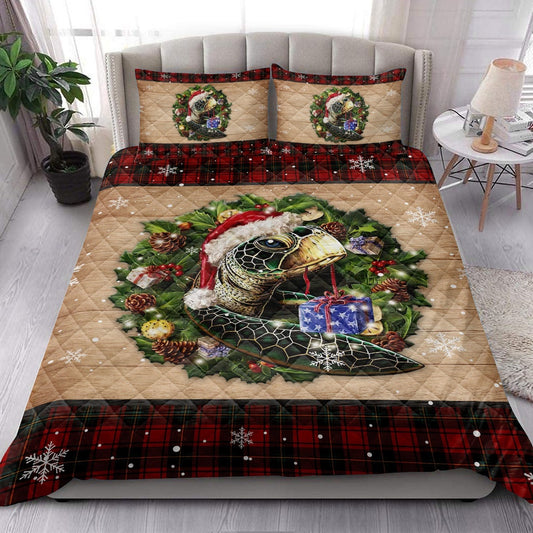 Turtle Wearing Wreath Amas Hat Boxes Red Buffalo Plaid Bedding Set, Christmas Beddings, Xmas Bedding Sets