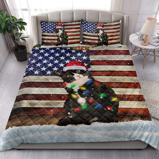 Tuxedo Cat Wearing Amas Hat With String Light Us Flag Bedding Set, Christmas Beddings, Xmas Bedding Sets