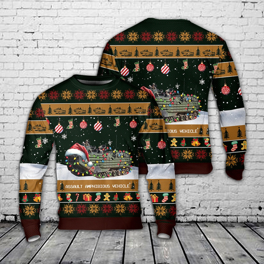 U.S. Marine Corps Assault Amphibious Vehicle AAV Christmas AOP Sweater, Christmas Ugly Sweater, Sweater Xmas, Ugly Sweater
