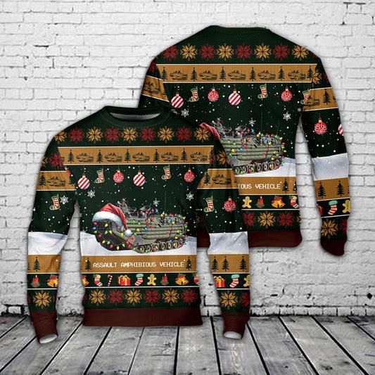 U.S. Marine Corps Assault Amphibious Vehicle AAV Christmas AOP Sweater, Christmas Ugly Sweater, Sweater Xmas, Ugly Sweater