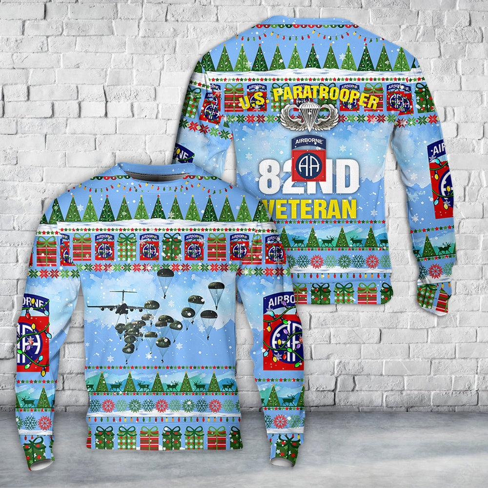 US Army 82nd Airborne Division Veteran Paratrooper Christmas AOP Sweater, Christmas Ugly Sweater, Sweater Xmas, Ugly Sweater
