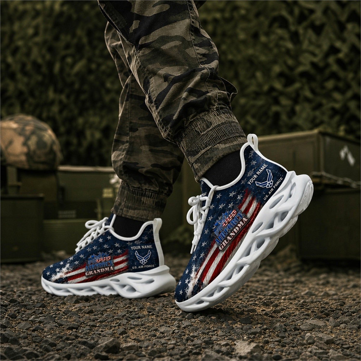 Custom Name US Army Granddad American Flag Max Soul Shoes, Veteran Sneaker