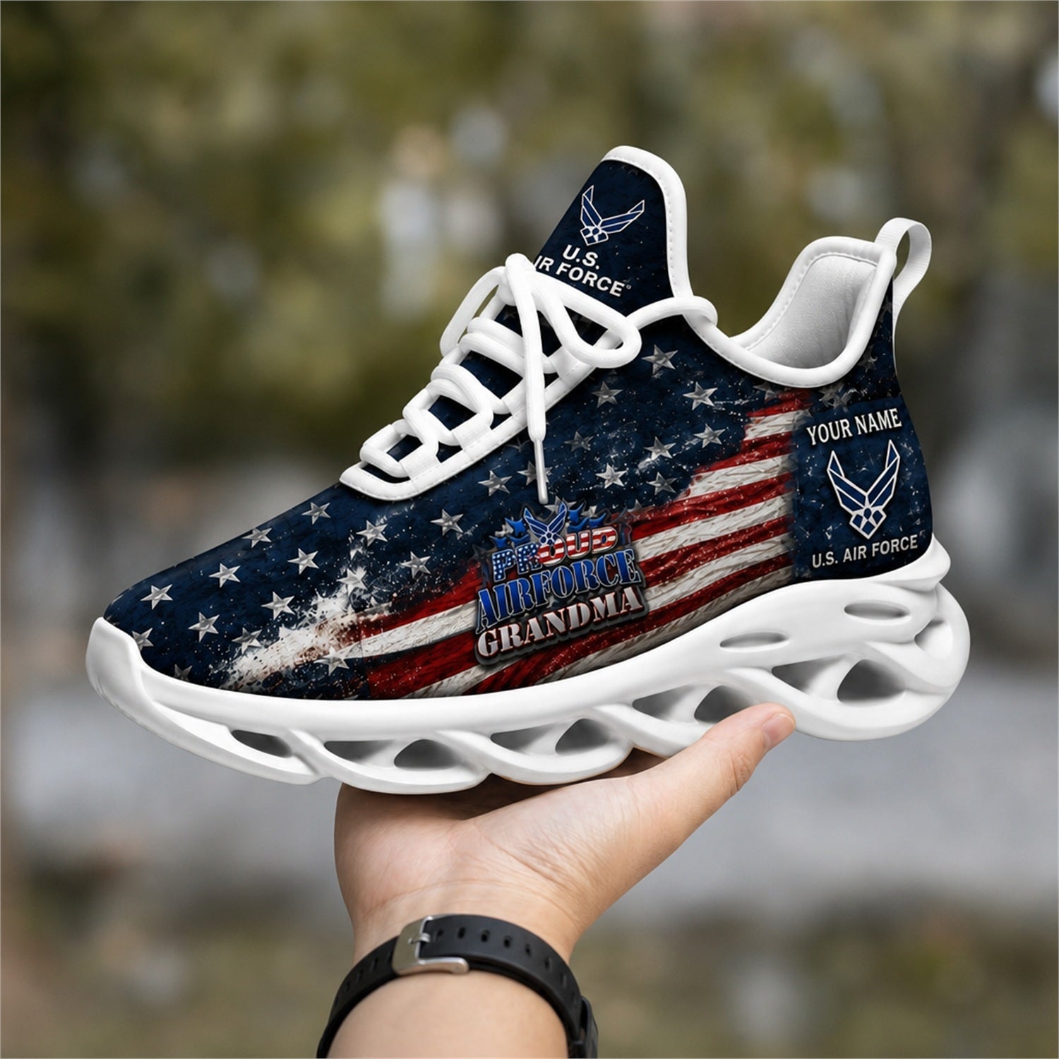 Custom Name US Army Granddad American Flag Max Soul Shoes, Veteran Sneaker