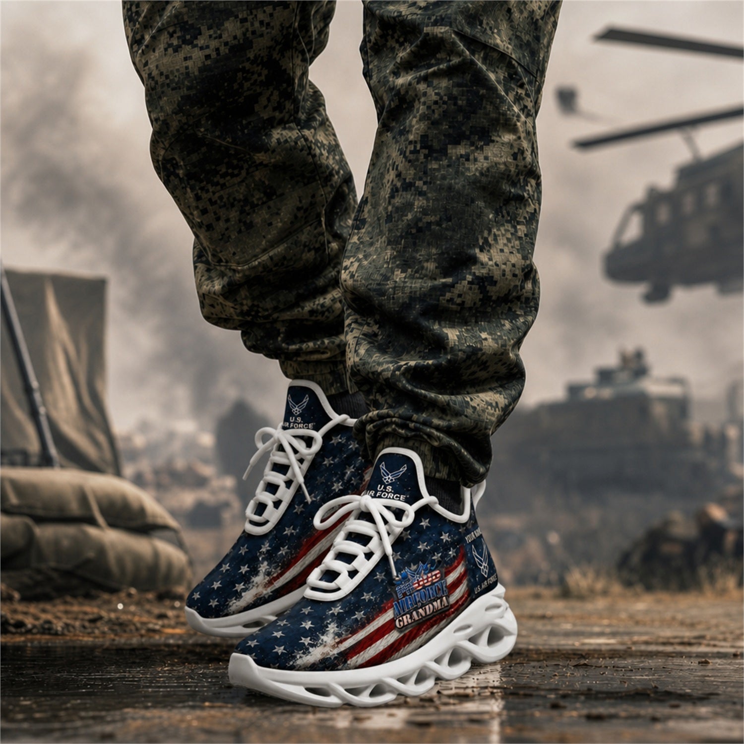 Custom Name US Army Granddad American Flag Max Soul Shoes, Veteran Sneaker