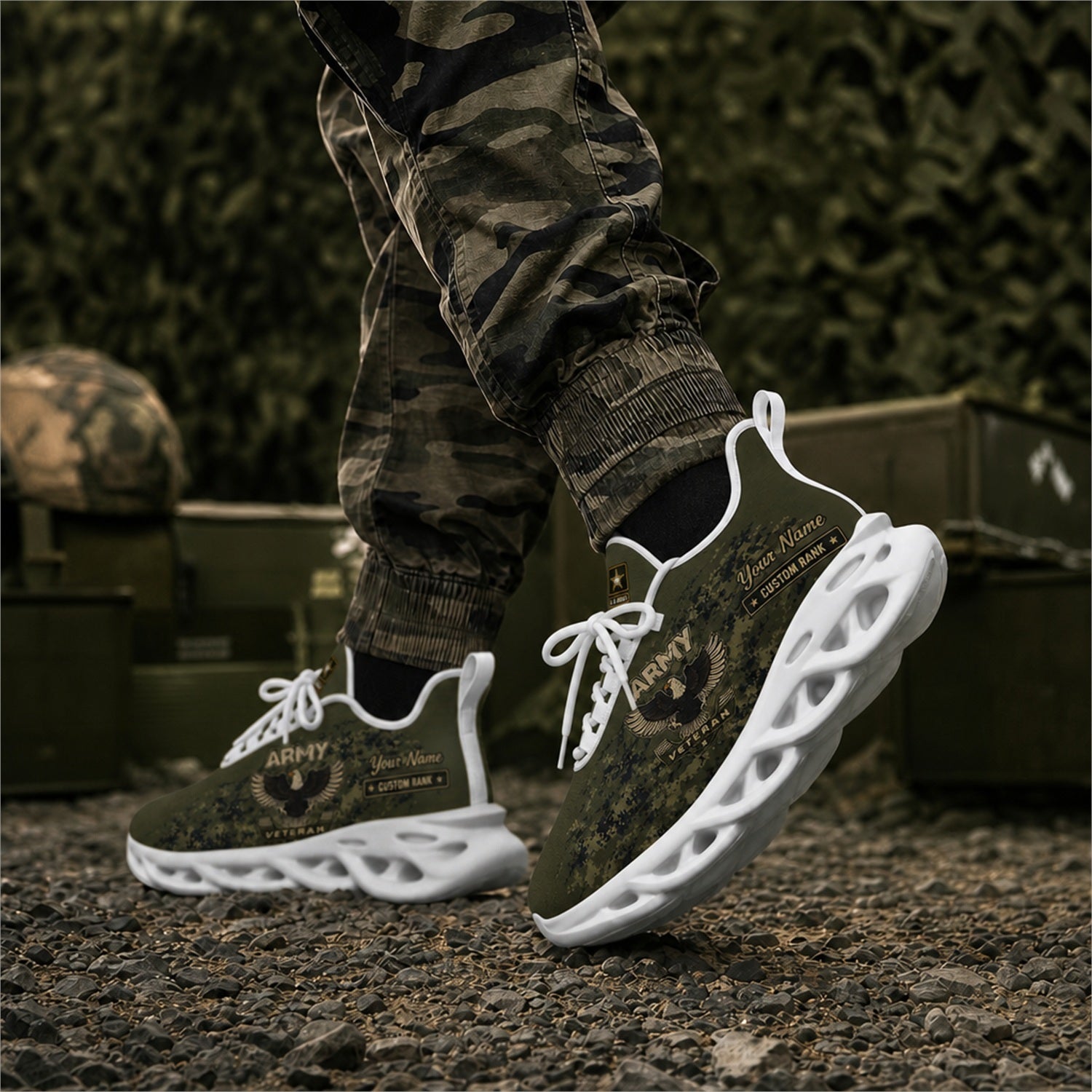Custom Name US Army Veteran Eagle Camo Max Soul Shoes, Veteran Sneaker