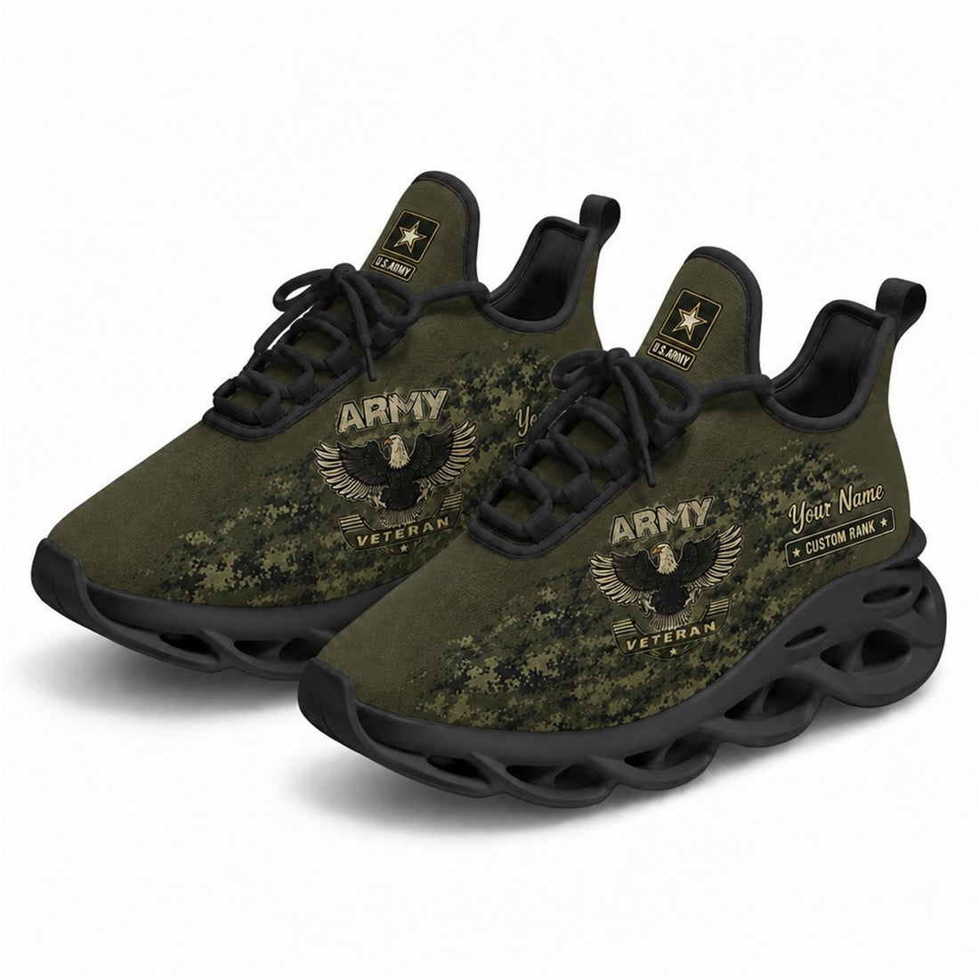Custom Name US Army Veteran Eagle Camo Max Soul Shoes, Veteran Sneaker