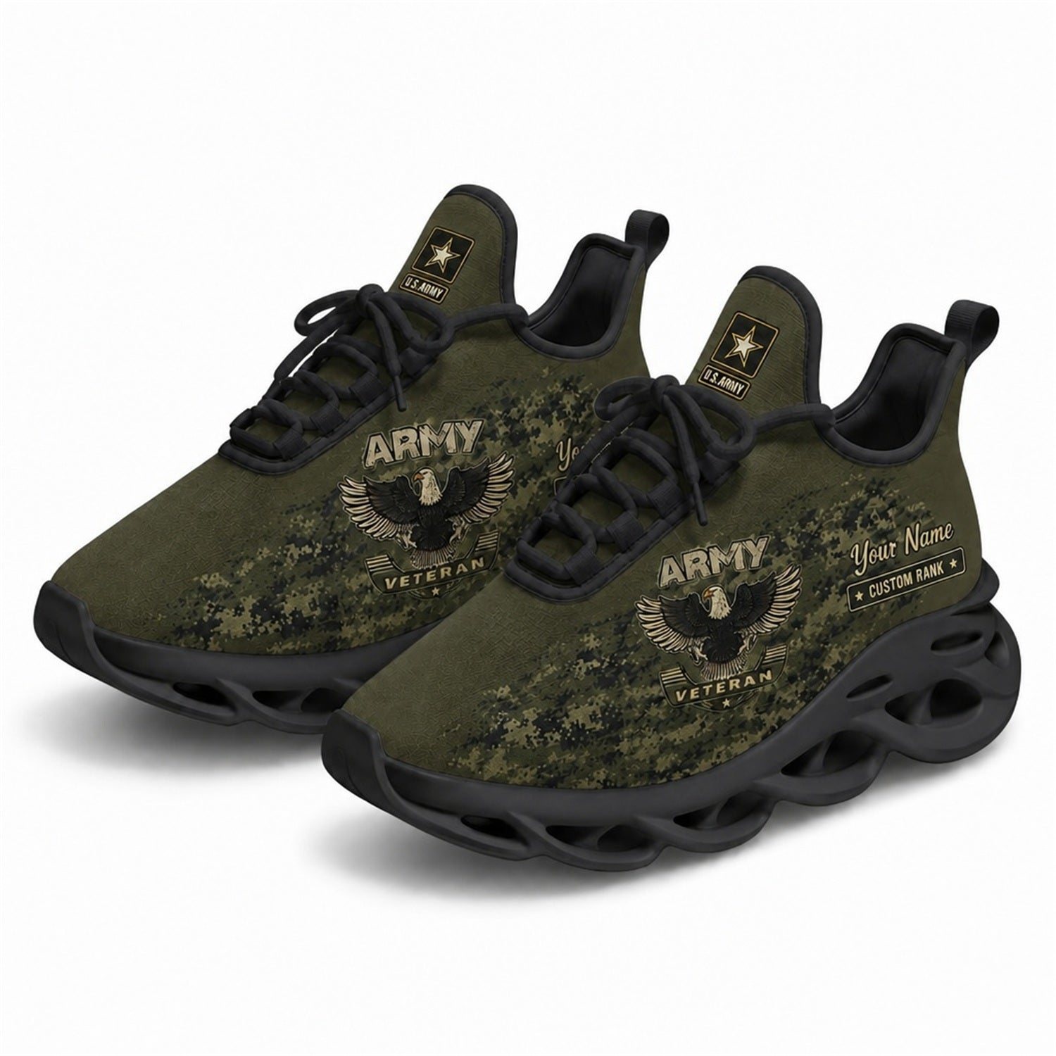 Custom Name US Army Veteran Eagle Camo Max Soul Shoes, Veteran Sneaker